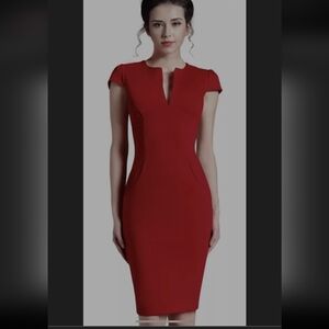 red cap-sleeve bodycon midi dress with a V-neck and pockets. Size Small